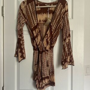 Brown & Cream Tie-Dye Wrap Romper with Flared Sleeves